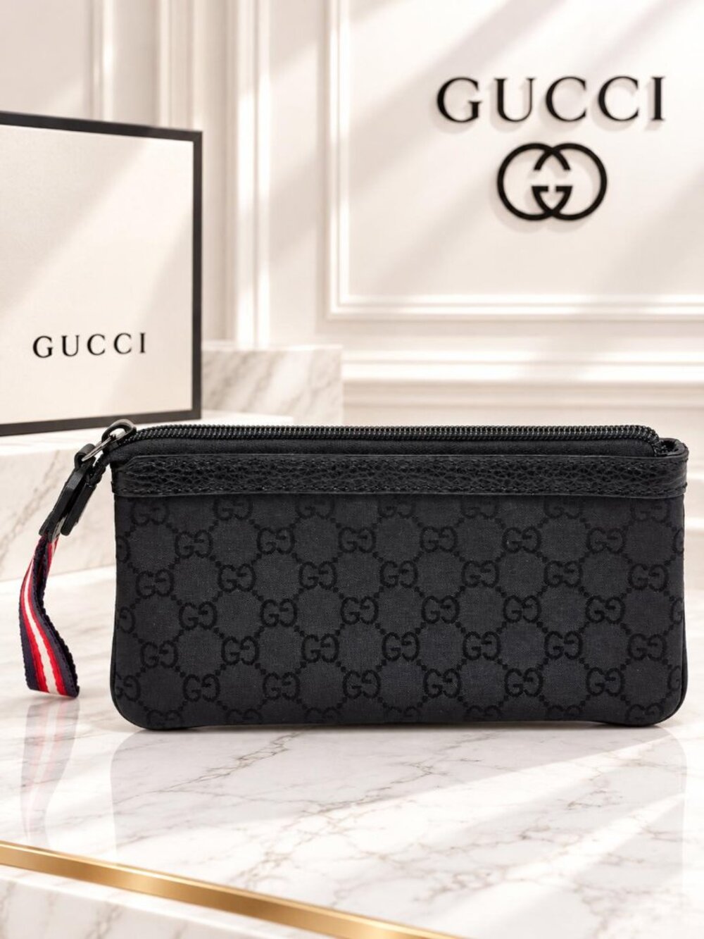 Authentic Gucci GG Supreme Black Monogram Canvas Zip Pouch / Wristlet